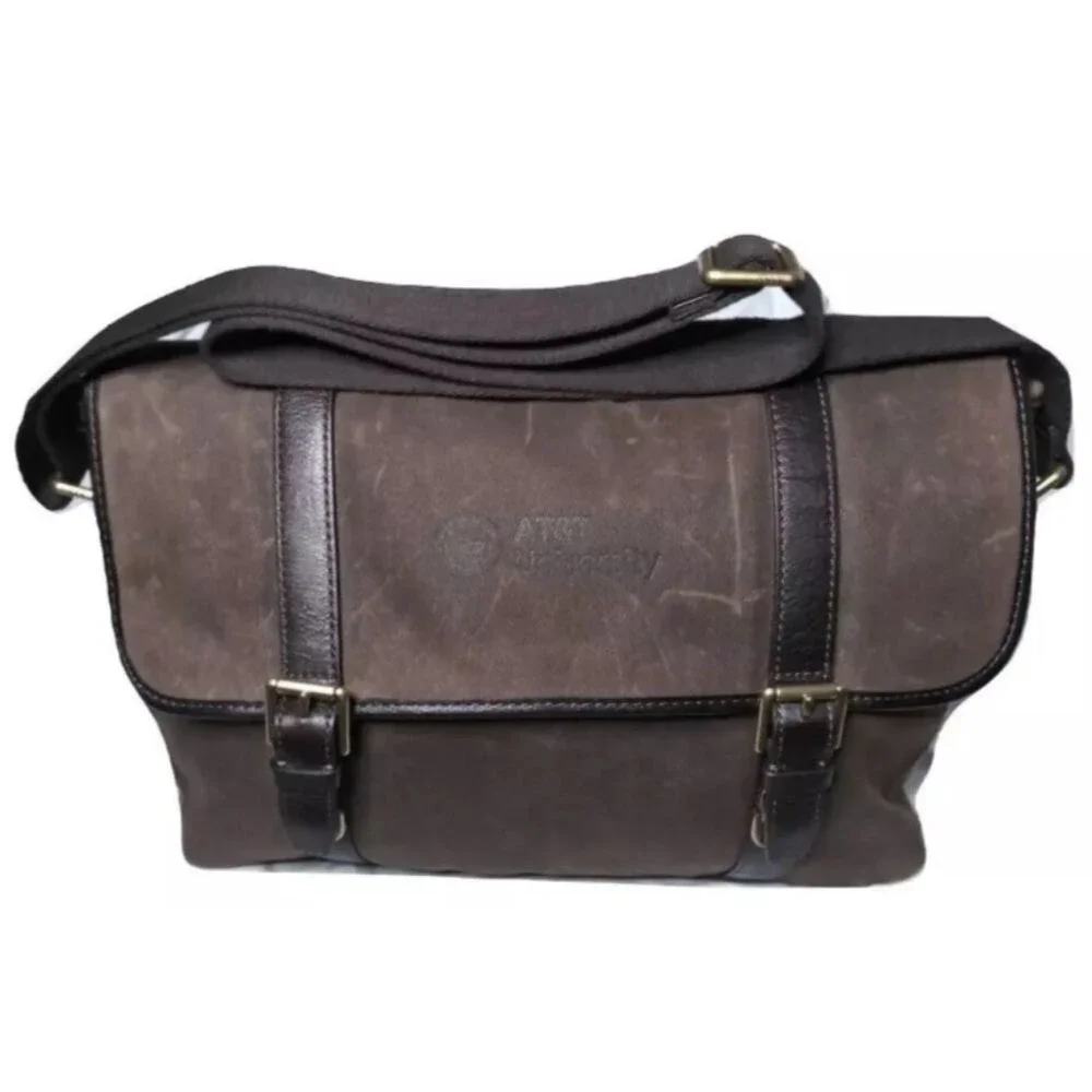 Fossil Mens Messenger Bag Canvas & Leather Laptop Bag 'AT&T University' Logo